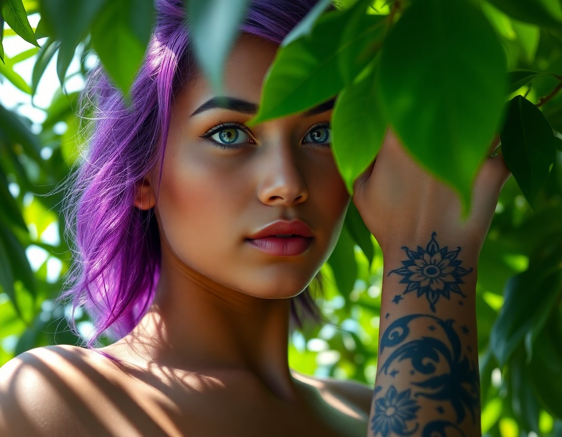 AI generated art for prompt: A highly detailed, ultrarealistic portrait of a young Micronesian woman with vibrant purple hair and