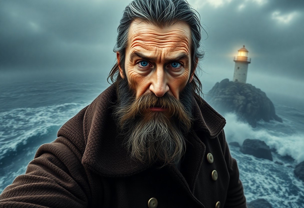 AI generated art for prompt: A photorealistic portrait of a weathered sea captain standing resolute on a rocky cliff overlooking 