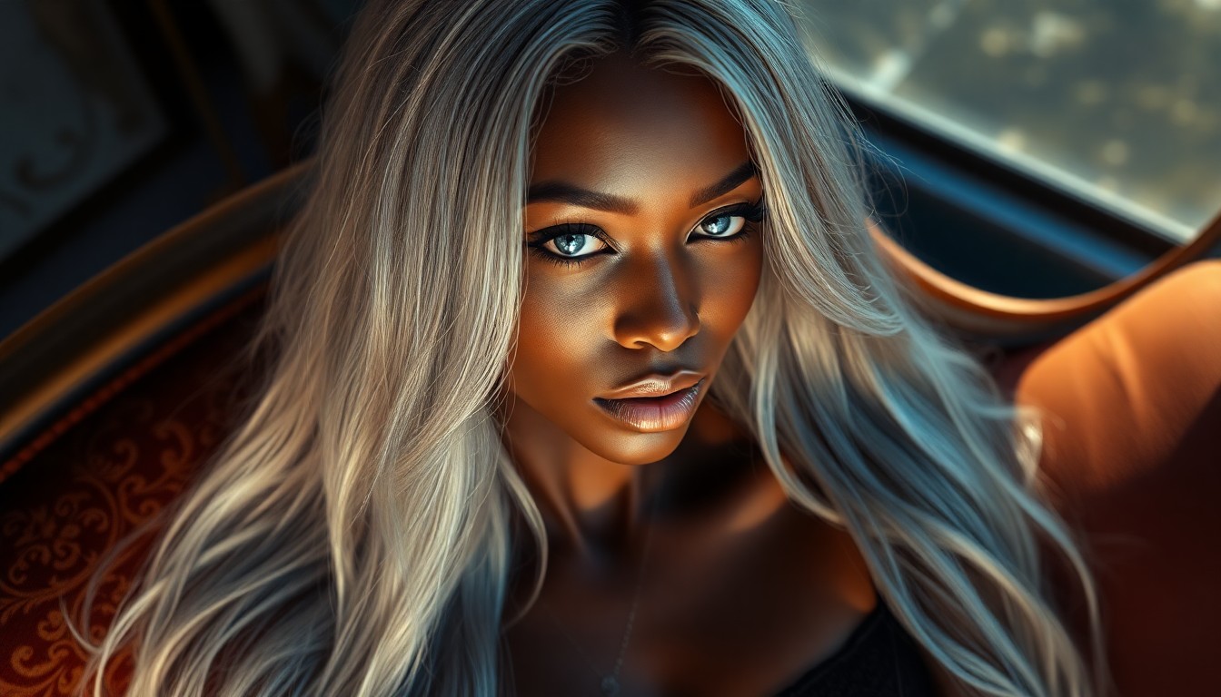 AI generated art for prompt: A captivating portrait of a Sub-Saharan African woman with long, flowing silver hair cascading like 