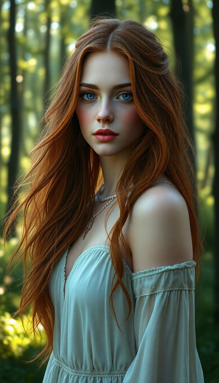 AI generated art for prompt: Imagine a hyperrealistic portrait of a Western European woman with long, flowing red hair and dreamy