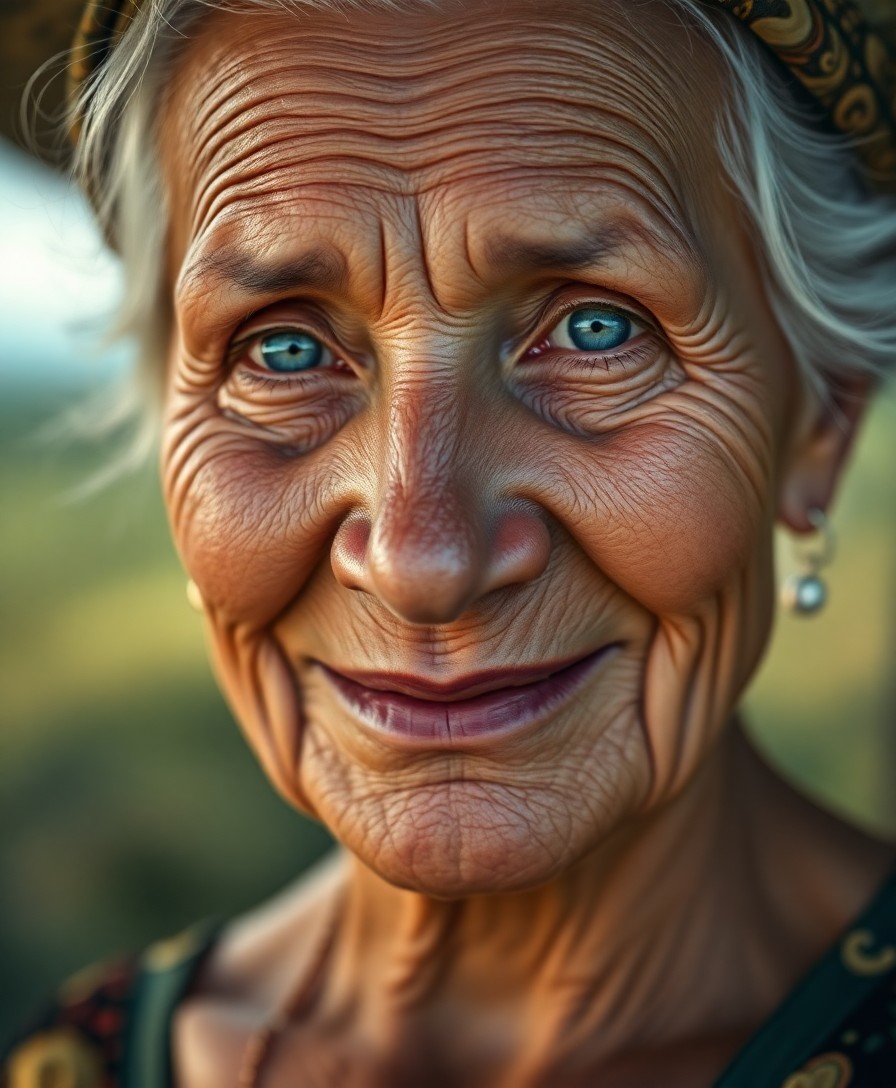 AI generated art for prompt: Create a hyperrealistic portrait of an elderly Amazonian woman, her face a map of her life, marked b