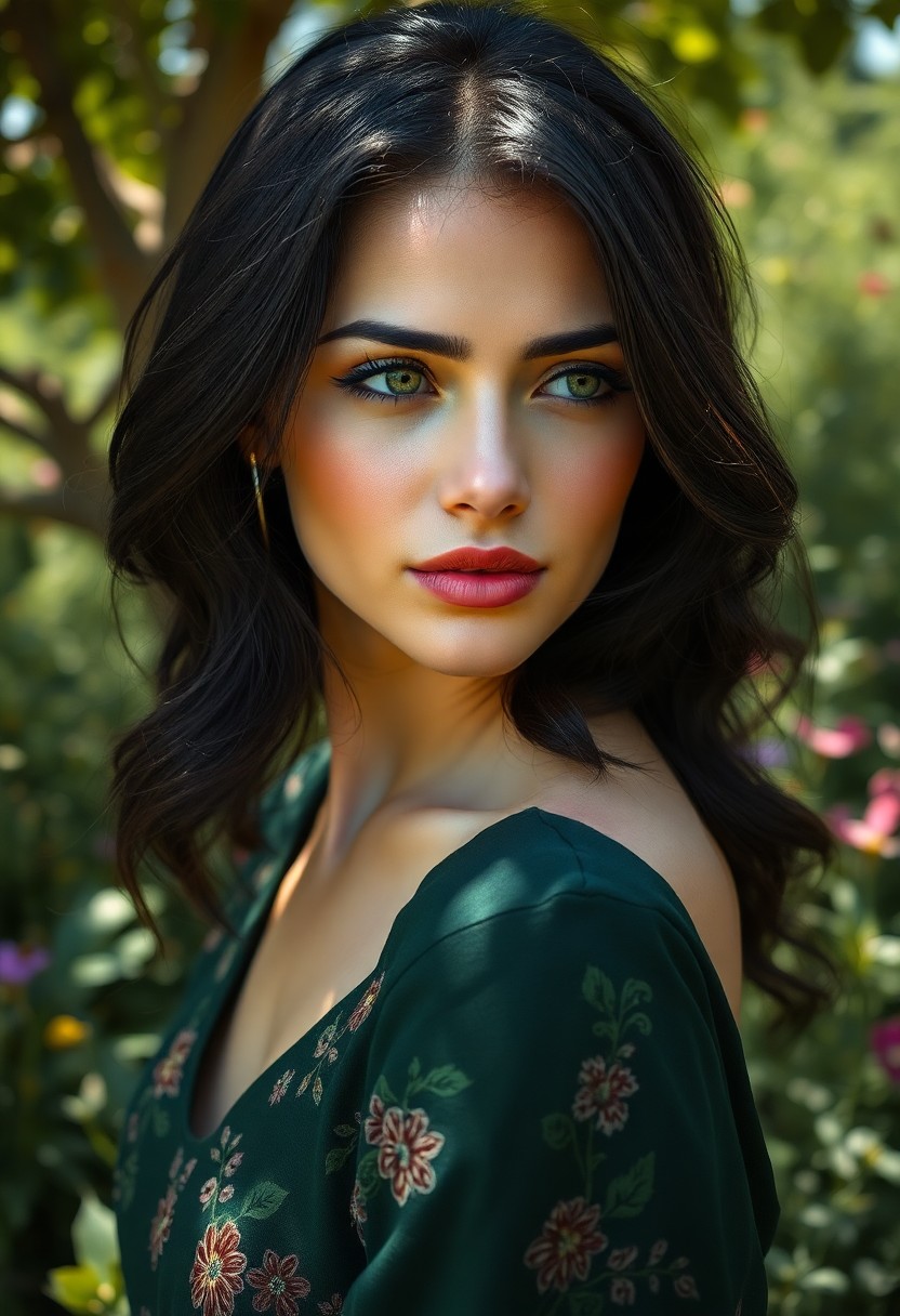 AI generated art for prompt: A captivating portrait captures the essence of an assured Mediterranean woman with unfocused green e