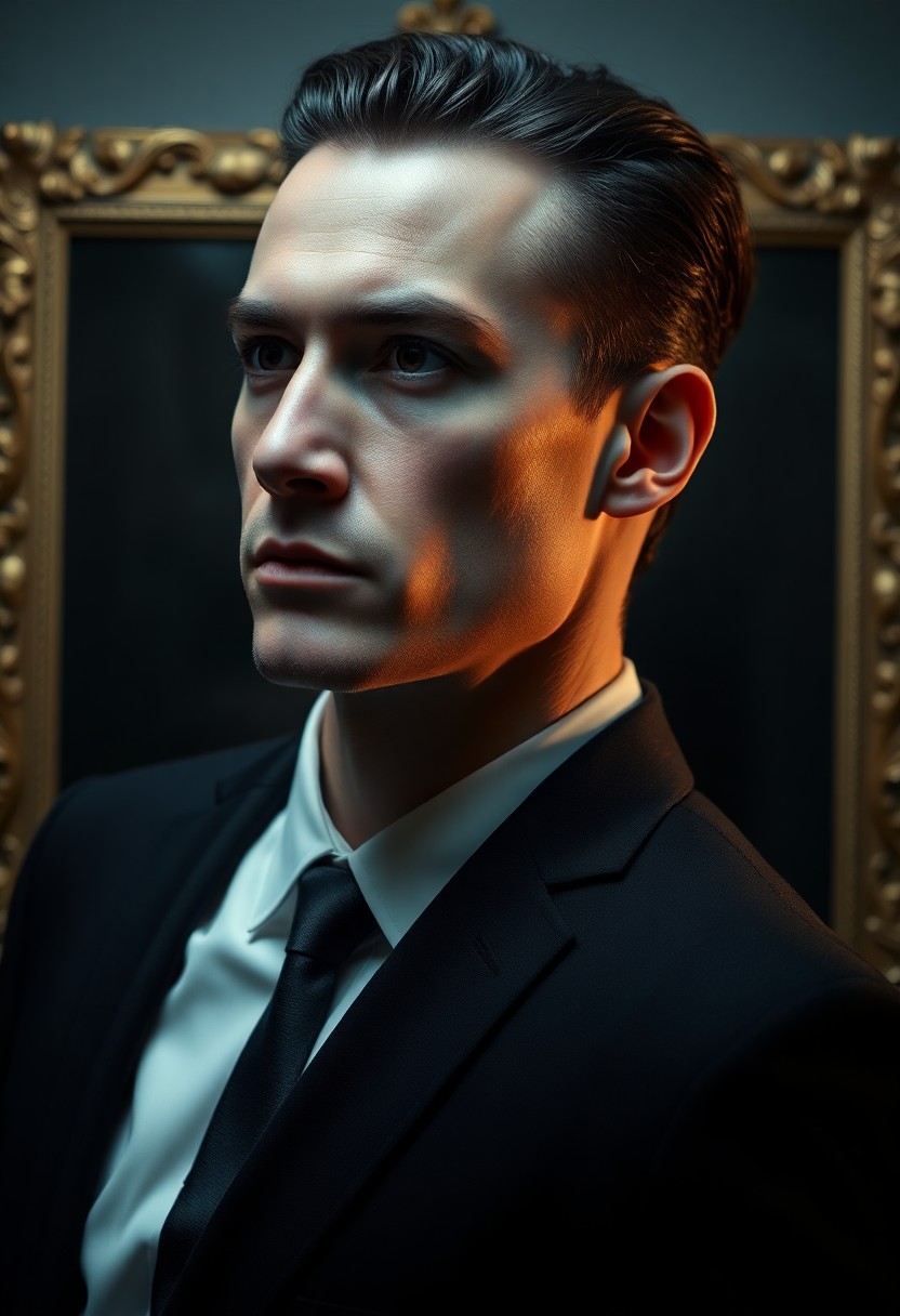 AI generated art for prompt: Create a super-realistic portrait of an enigmatic individual with a defined jawline and captivating 