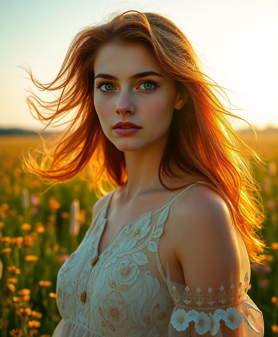 AI generated art for prompt: Immerse viewers in an ultrarealistic portrait of a young Slavic woman with flowing auburn hair and e