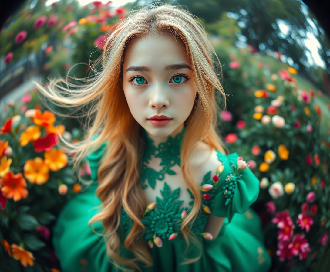 AI generated art for prompt: A captivating portrait of a young East Asian woman with vibrant green eyes and flowing golden hair, 