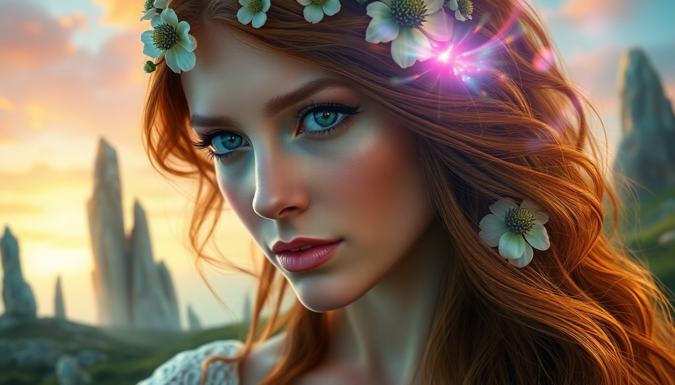 AI generated art for prompt: Visualize an intimate portrait of a captivating Celtic woman. She has mesmerizing emerald eyes, sun-