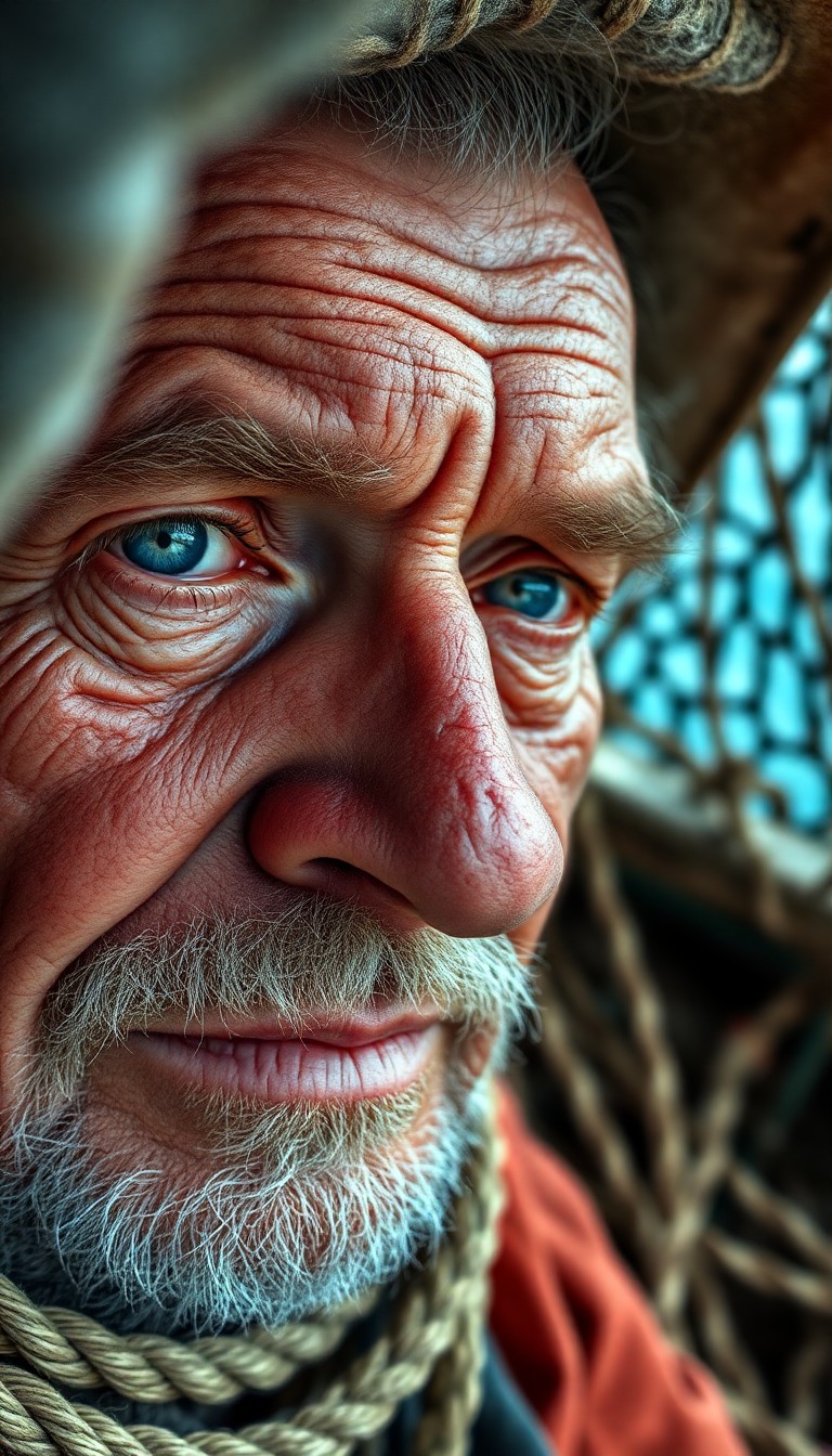 AI generated art for prompt: An up-close portrait of an aged fisherman with dreamy blue eyes and a face weathered by years at sea