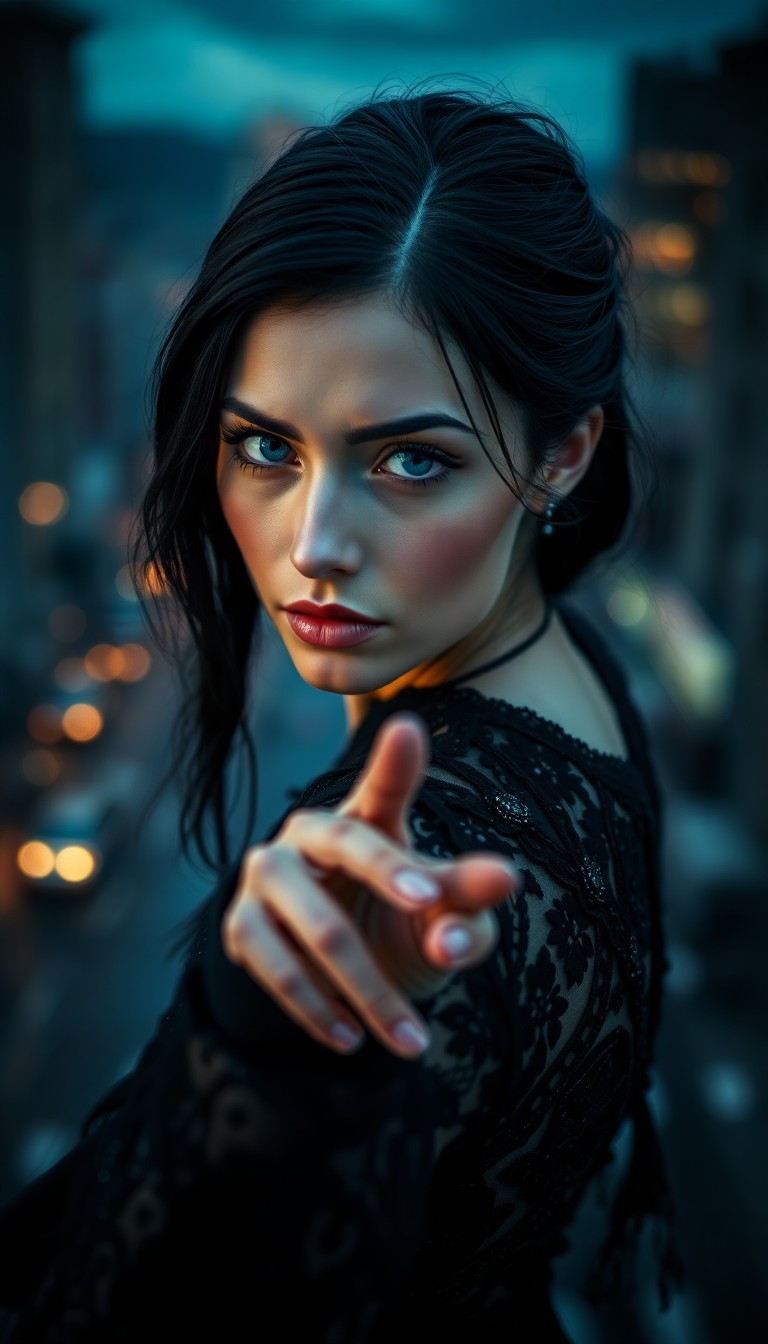 AI generated art for prompt: A captivating portrait of an Eastern European woman with striking blue eyes and raven hair emerges. 