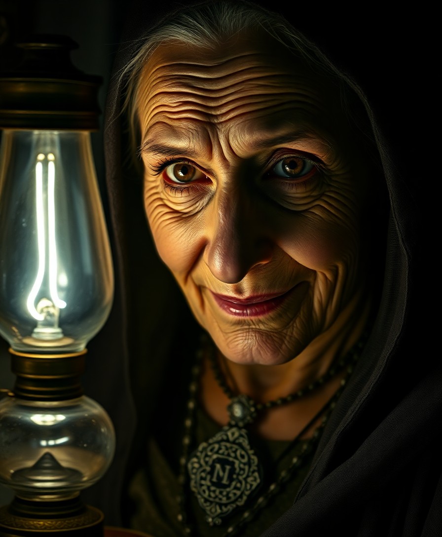 AI generated art for prompt: A highly realistic portrait of a mysterious fortune teller with piercing amber eyes, deep wrinkles a