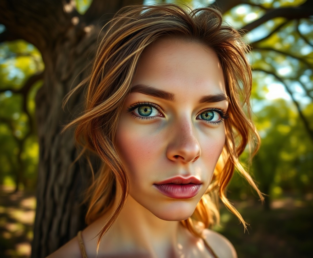 AI generated art for prompt: Create a photorealistic portrait of an enigmatic individual with sun-kissed skin and serene green ey