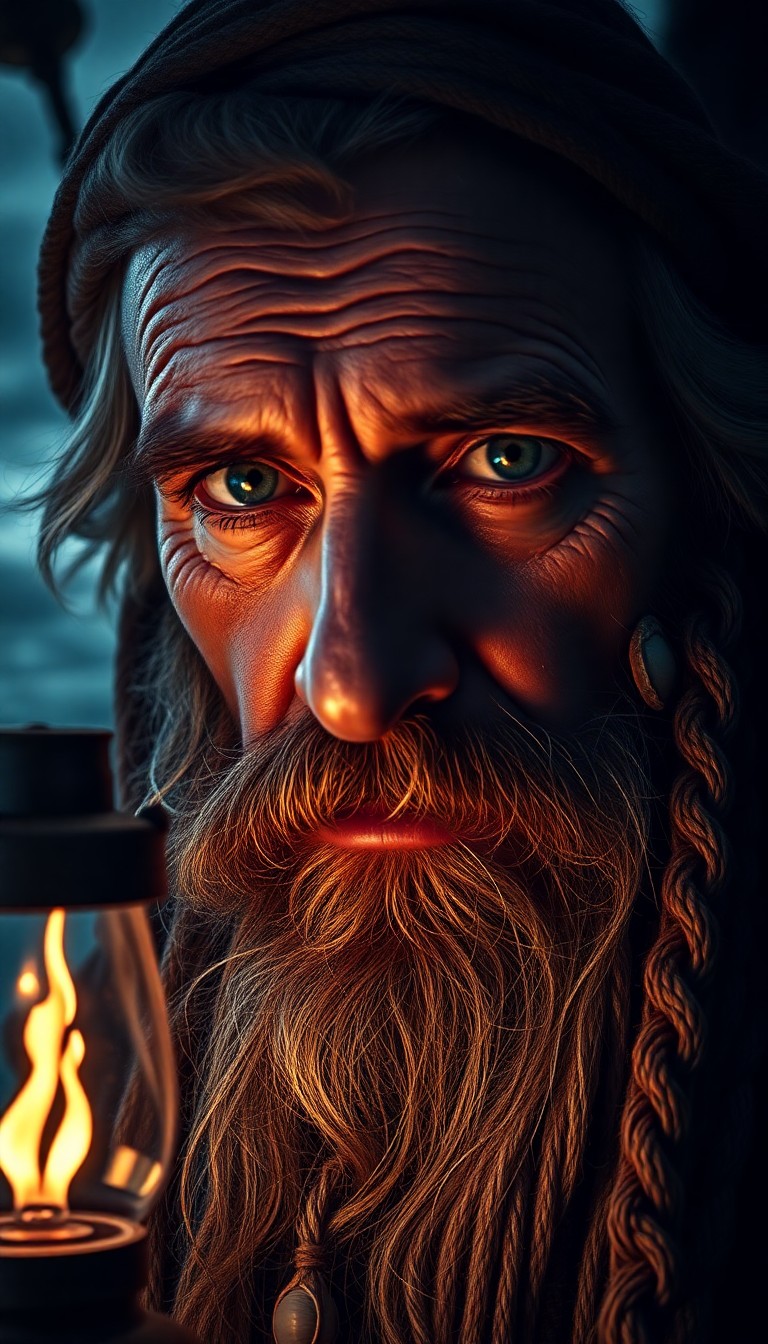 AI generated art for prompt: A portrait photograph captures the intricate details of an ancient mariner's weathered face, illumin