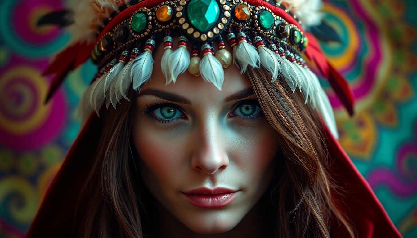 AI generated art for prompt: Create a photorealistic portrait of a fortune teller with emerald eyes, her face partially veiled by