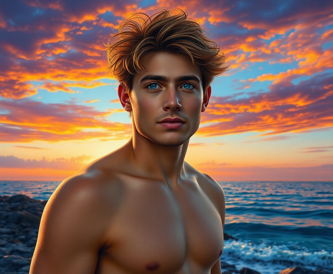 AI generated art for prompt: Create a superrealistic portrait of a young Micronesian man with dreamy blue eyes, chiseled features