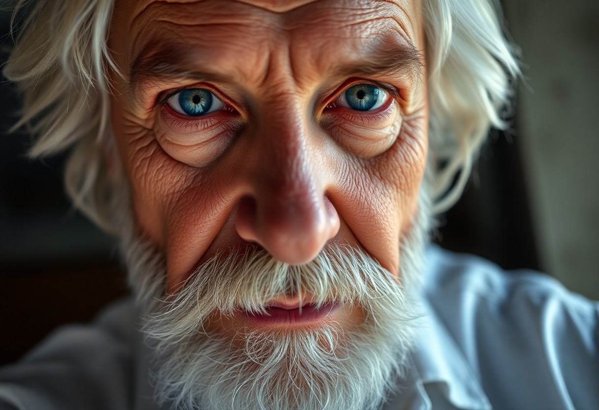 AI generated art for prompt: Envision a detailed portrait photo of a charismatic senior Slavic man with white hair, warm blue eye