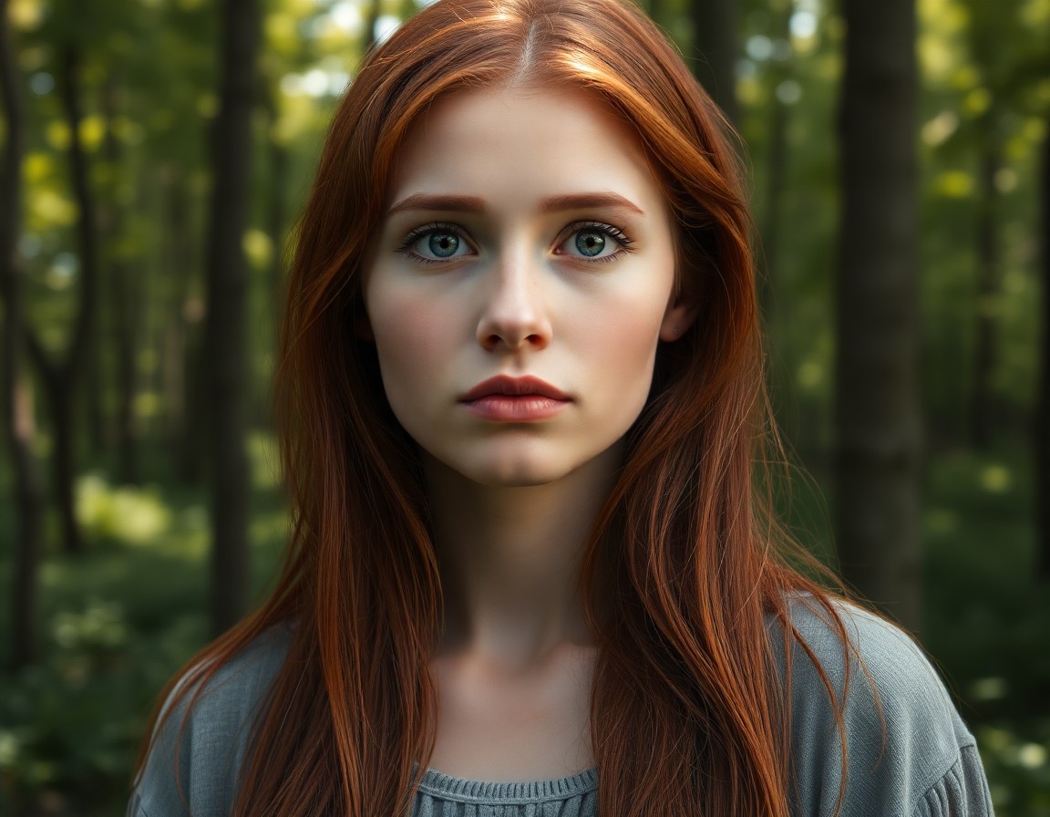 AI generated art for prompt: A photorealistic portrait captures a young Eastern European woman with vibrant red hair cascading to