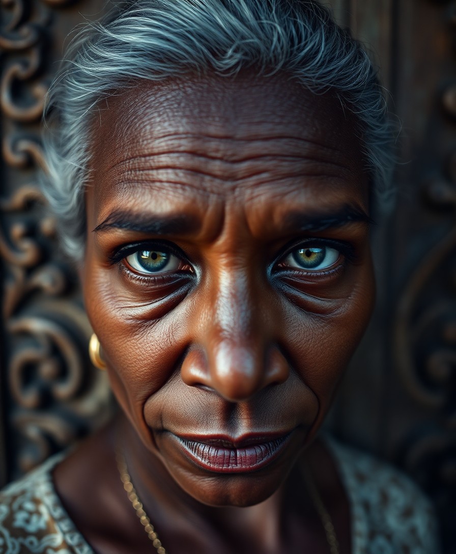 AI generated art for prompt: A highly detailed, close-up portrait captures the enigmatic gaze of a middle-aged Caribbean woman. H