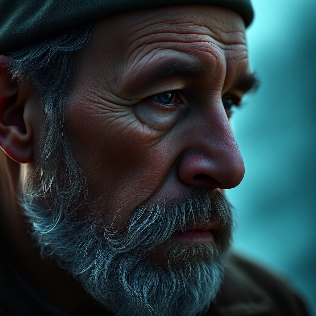 AI generated art for prompt: Visualize a hyperrealistic portrait of an introspective veteran with rugged features, including a di