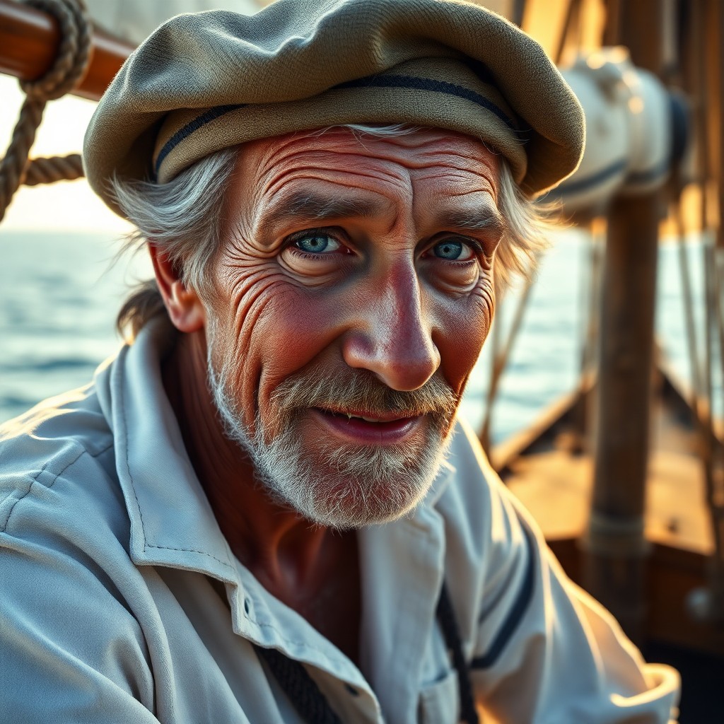 AI generated art for prompt: Capture a superrealistic portrait of an aged sailor with dreamy blue eyes reflecting the depths of t