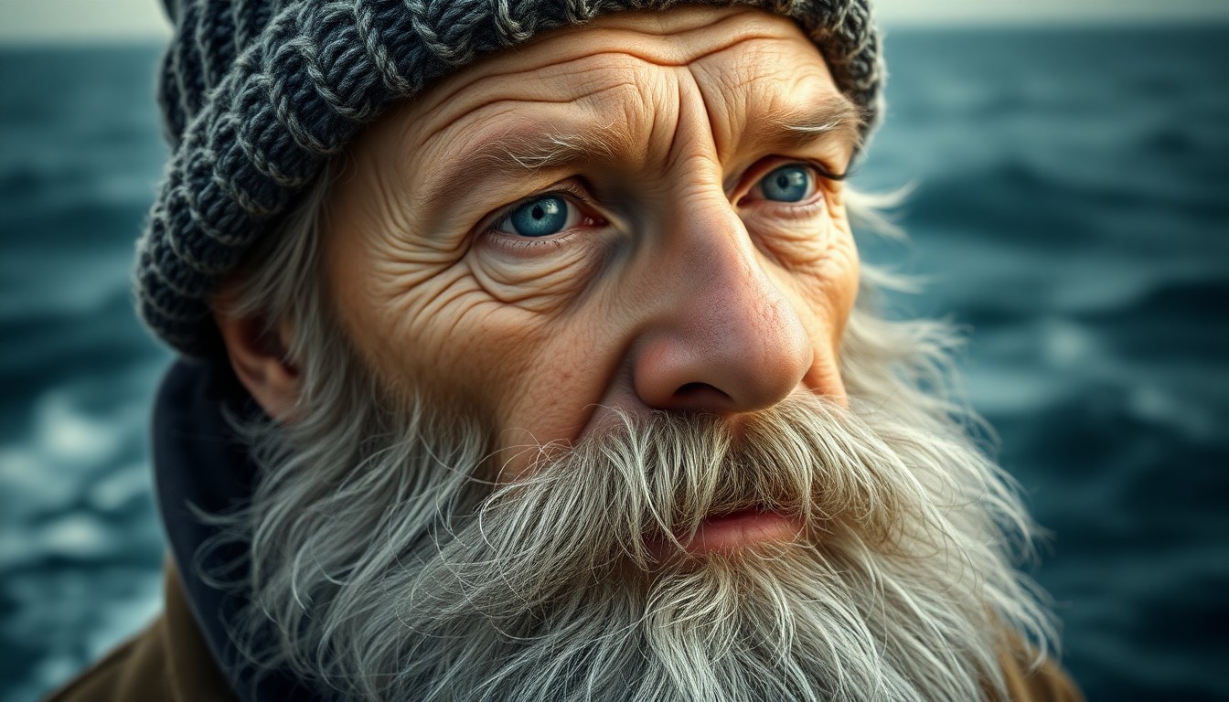 AI generated art for prompt: Imagine a striking close-up portrait of a weathered fisherman with a flowing, white beard, set again