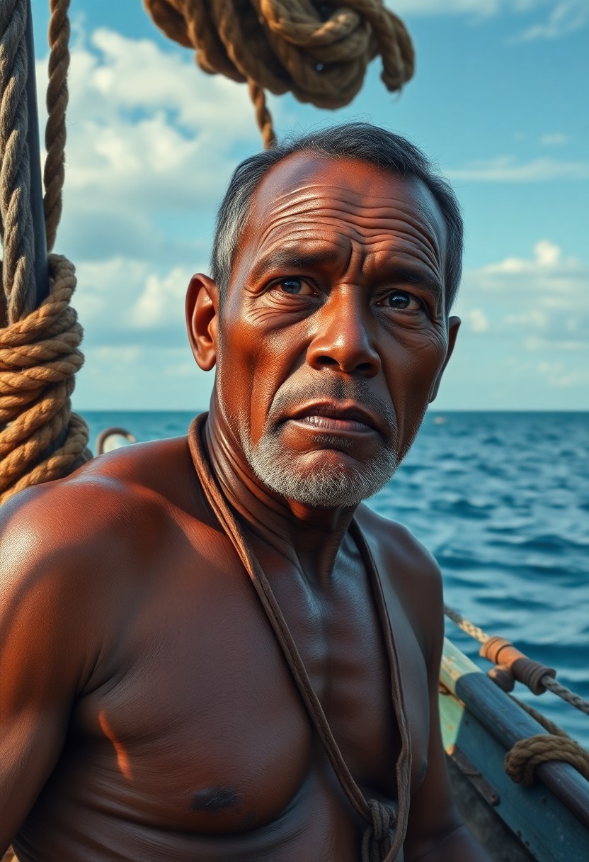 AI generated art for prompt: Create an ultra-realistic portrait of a resilient Melanesian fisherman, his face etched with deep cr