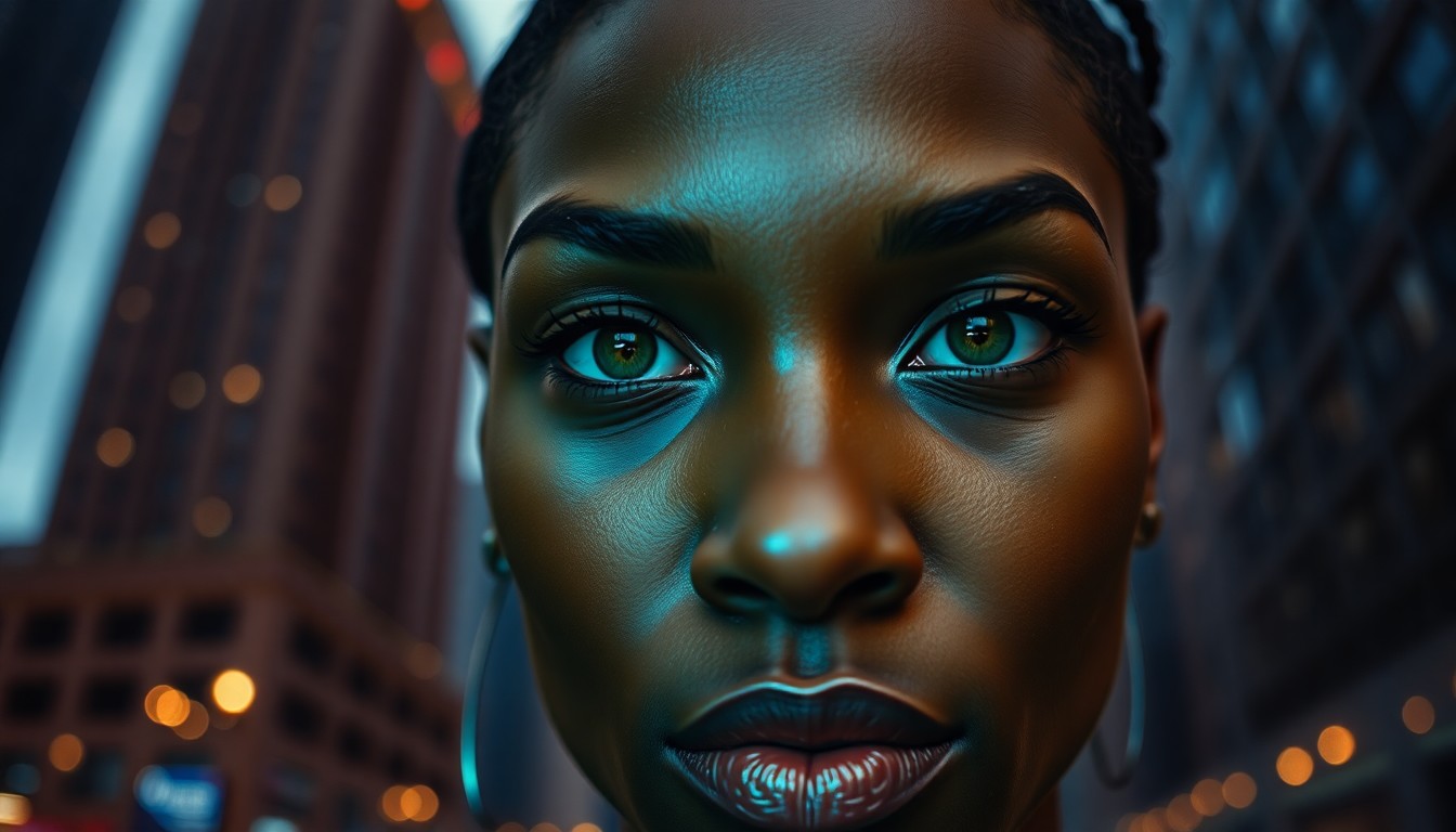 AI generated art for prompt: A close-up portrait captures the intense emerald eyes of an African woman, glistening with determina