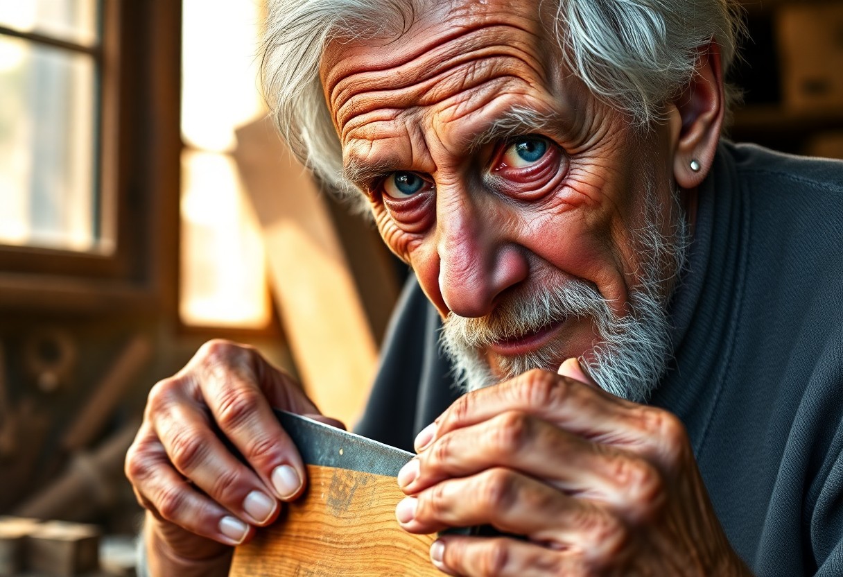 AI generated art for prompt: A highly realistic portrait of an elderly woodworker, his hands weathered and adorned with callouses