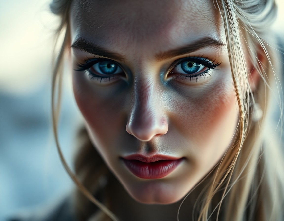 AI generated art for prompt: A striking superrealistic portrait captures the enigmatic gaze of a Celtic woman. Her dreamy blue ey