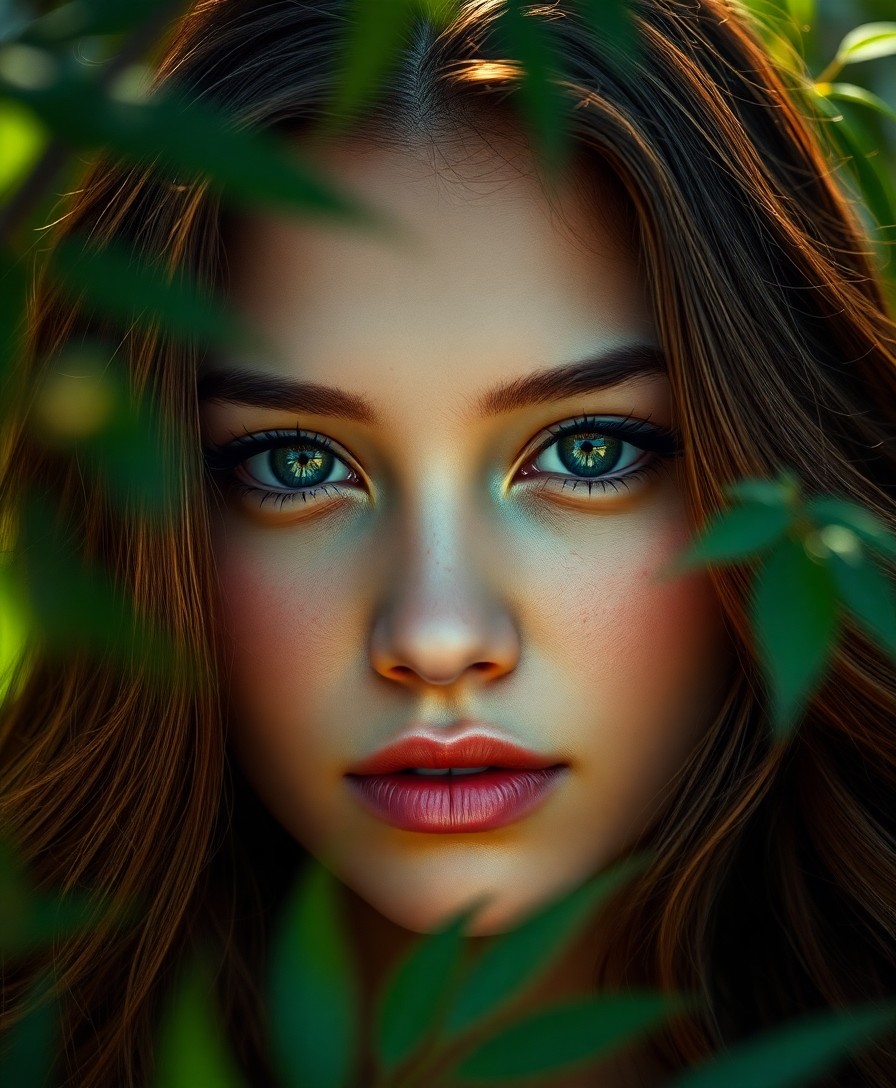 AI generated art for prompt: Create a serene close-up portrait of a Micronesian woman with long, wavy chestnut hair that frames h