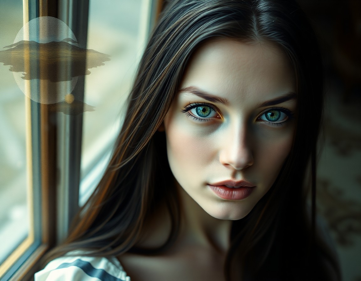 AI generated art for prompt: Create an enigmatic portrait of a Western European woman with distant green eyes, long dark hair, an