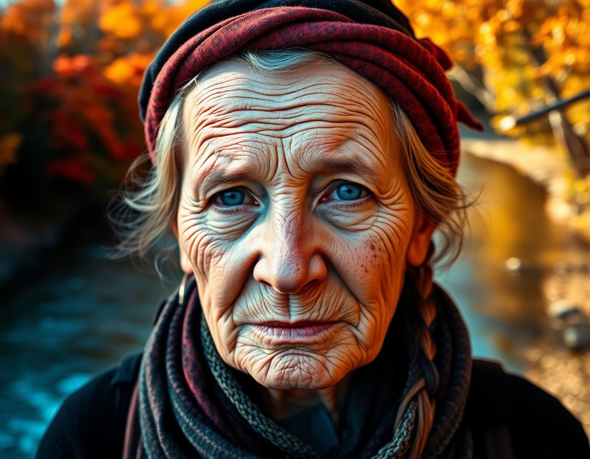 AI generated art for prompt: Create an iPhone portrait of an elderly Native American woman with a face that bears witness to a li