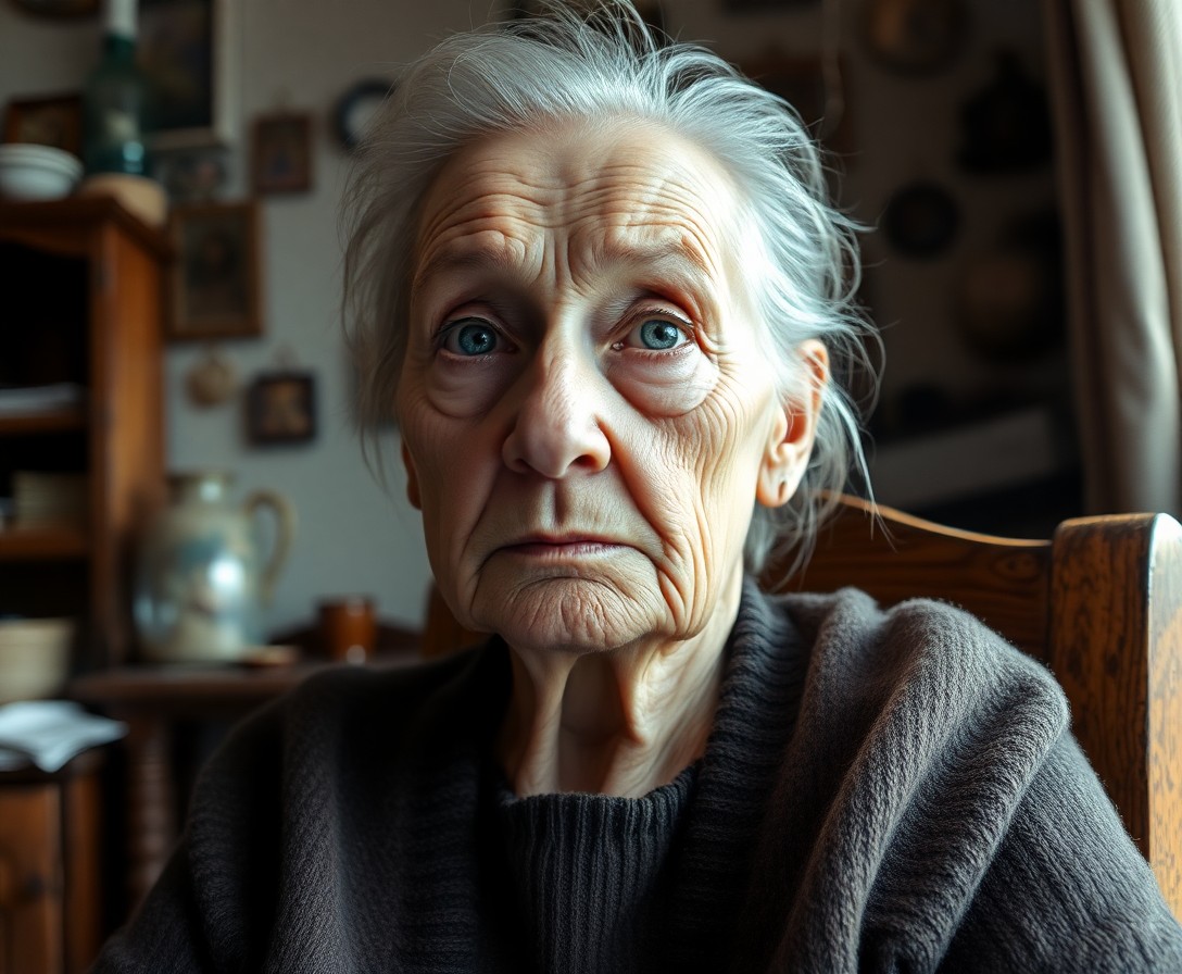 AI generated art for prompt: Imagine a photorealistic portrait of an elderly Slavic woman, her face a map of deeply etched lines 