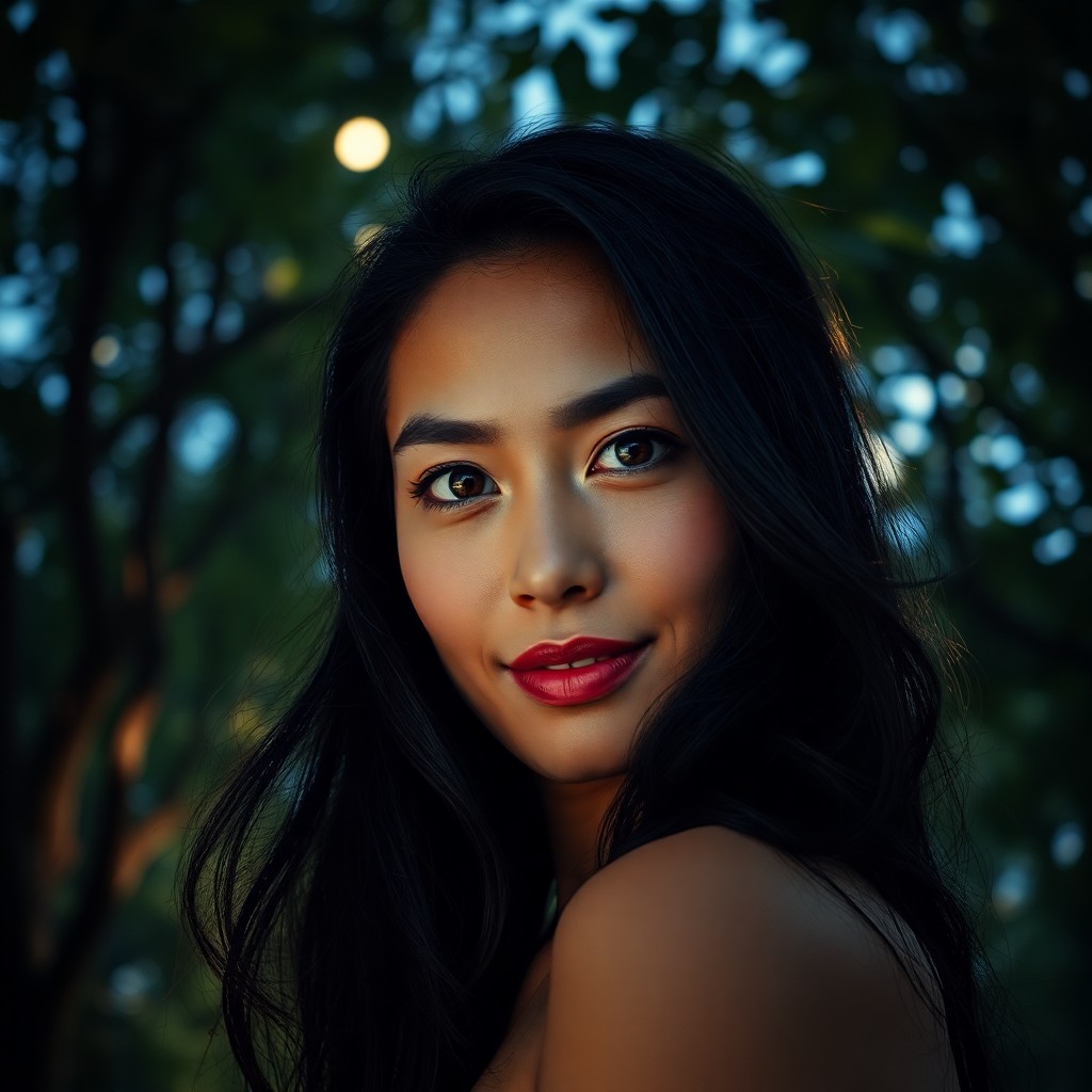 AI generated art for prompt: A portrait photograph captures the captivating essence of a Pacific Islander woman with deep green e