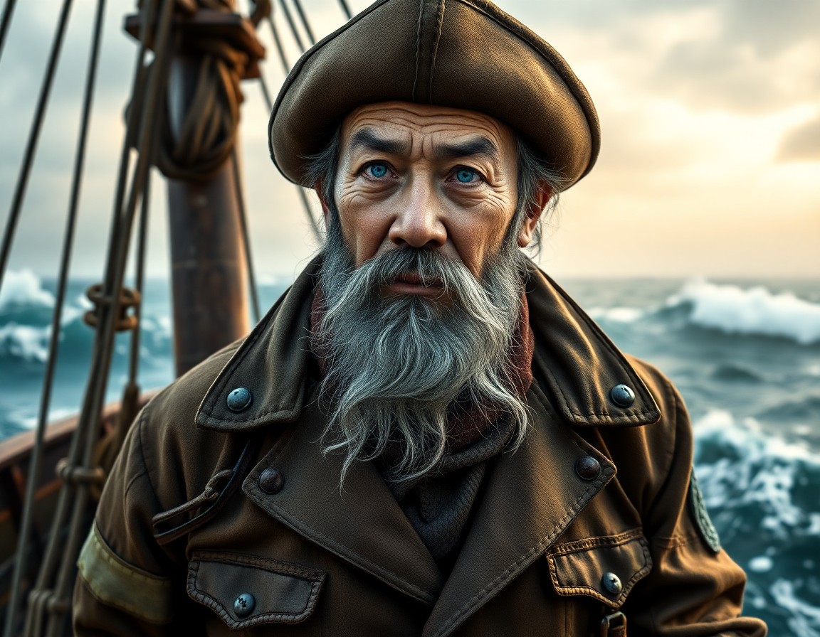 AI generated art for prompt: Create an alluring hyperrealistic portrait of a seasoned sea captain with dreamy blue eyes and a gra