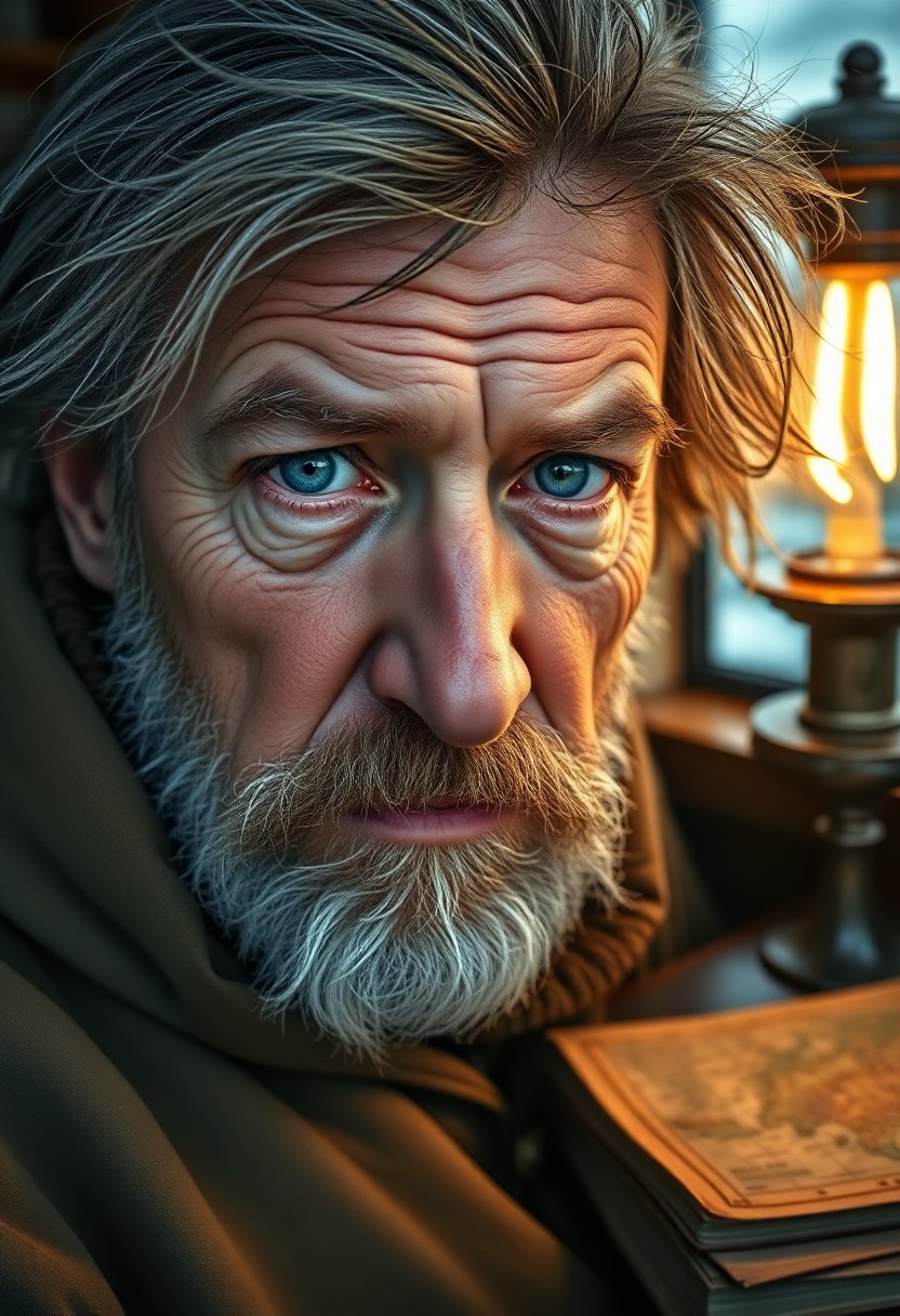 AI generated art for prompt: A hyperrealistic portrait captures the weary face of a lighthouse keeper, his dreamy blue eyes refle