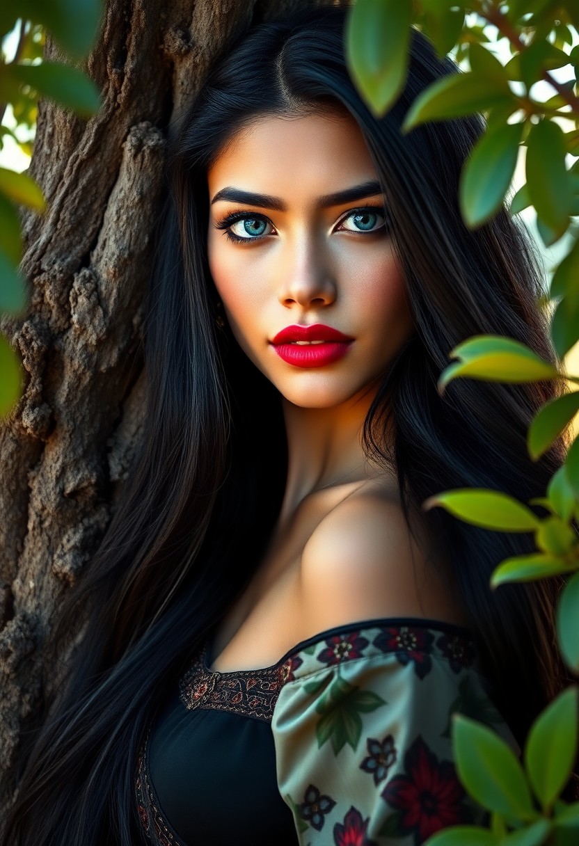 AI generated art for prompt: Create a hyperrealistic oil painting portrait of an Andean woman with azure eyes and burgundy lips. 