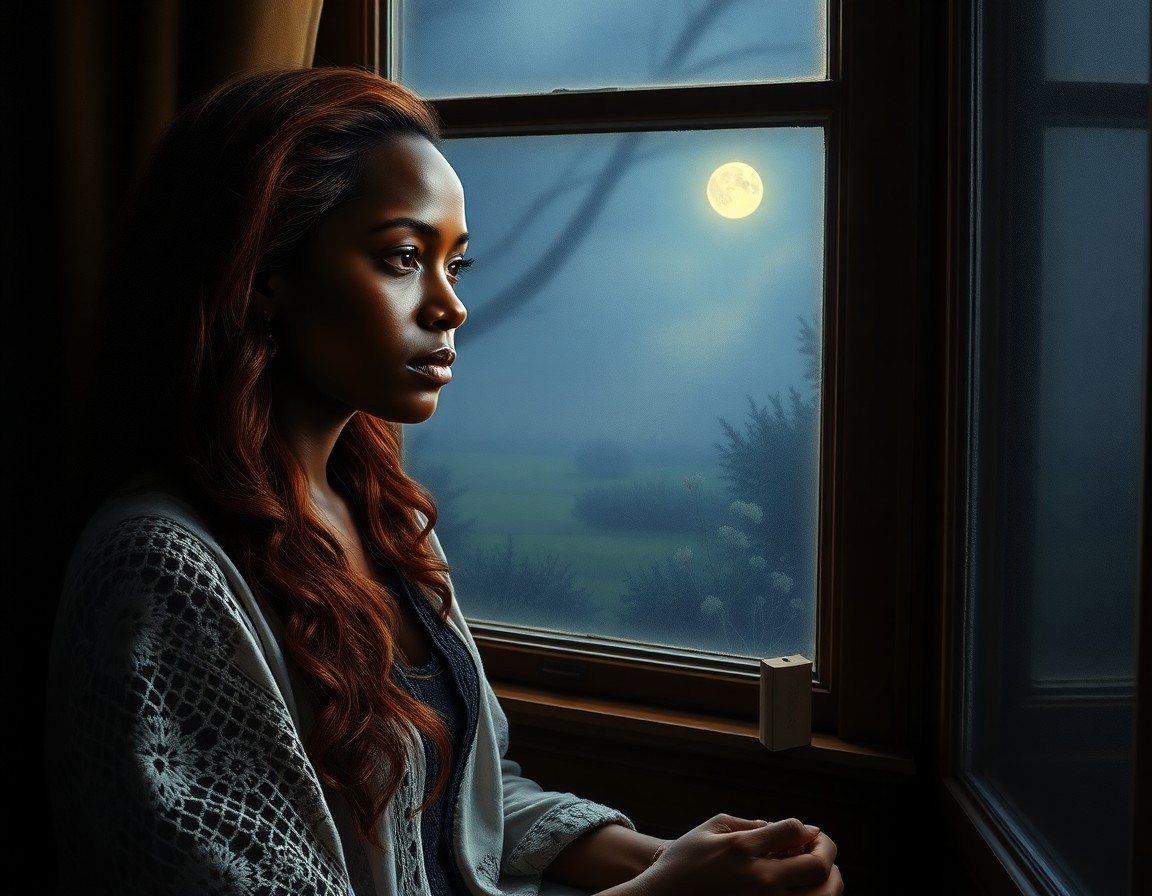 AI generated art for prompt: Create a photorealistic oil painting of a melancholic Sub-Saharan African woman, captured in a pensi