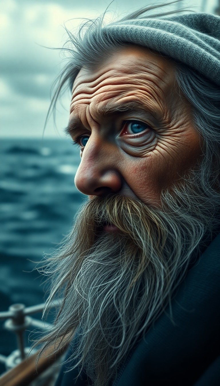 AI generated art for prompt: A highly detailed hyperrealistic portrait of an aged sailor with dreamy blue eyes is set against the