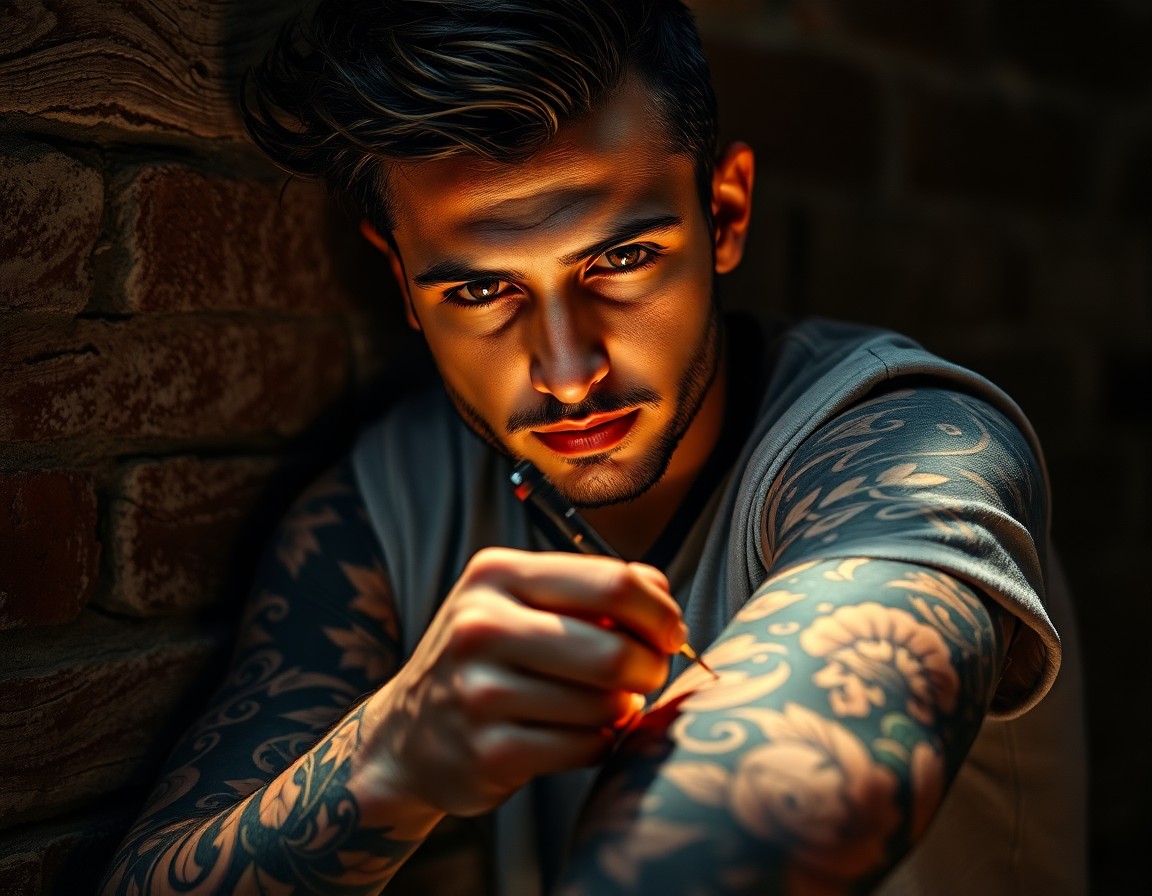 AI generated art for prompt: Imagine a portrait photograph that captures the captivating essence of a tattoo artist, invoking Rem