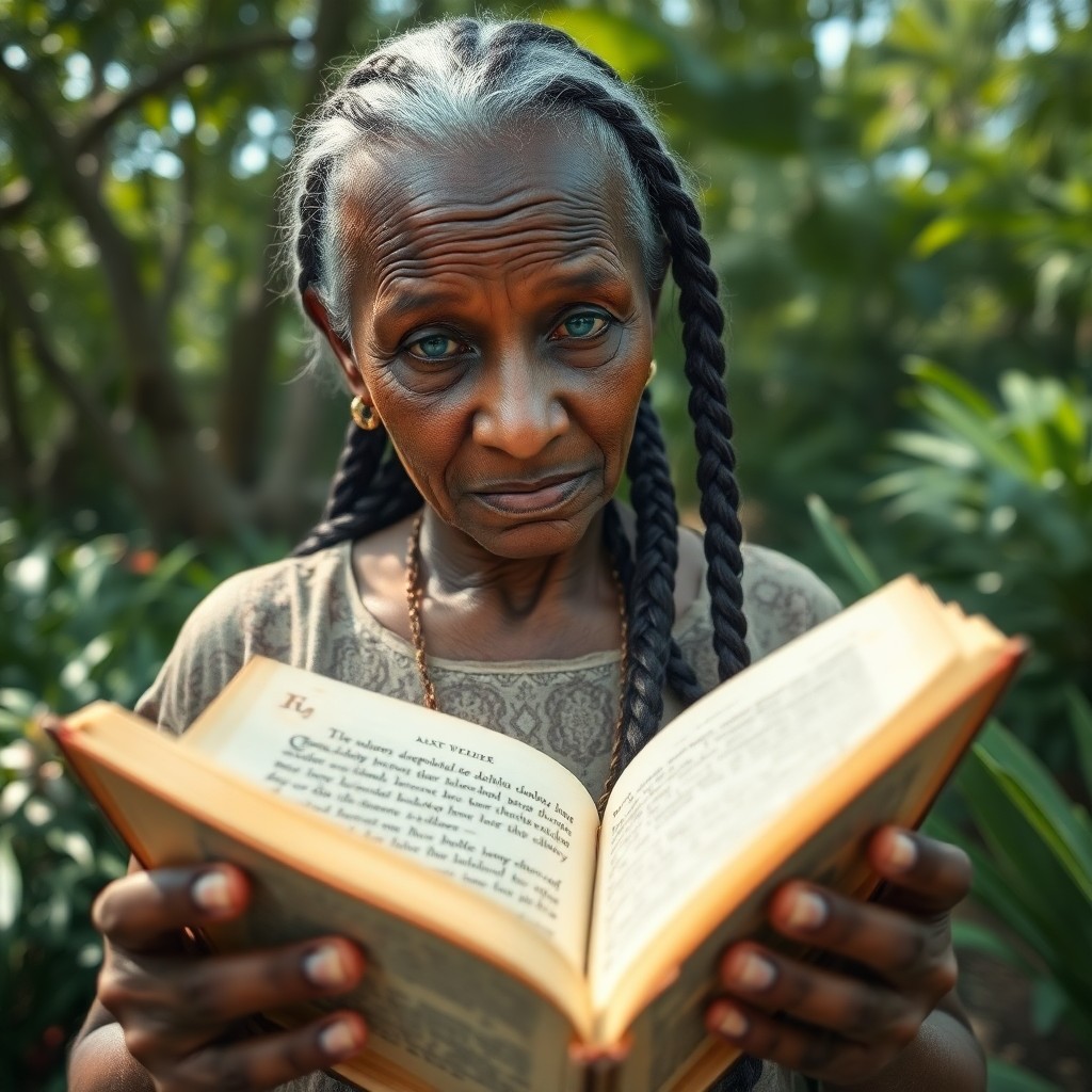 AI generated art for prompt: A hyperrealistic portrait of an elderly yet wise-looking Caribbean woman, her face etched with deep 