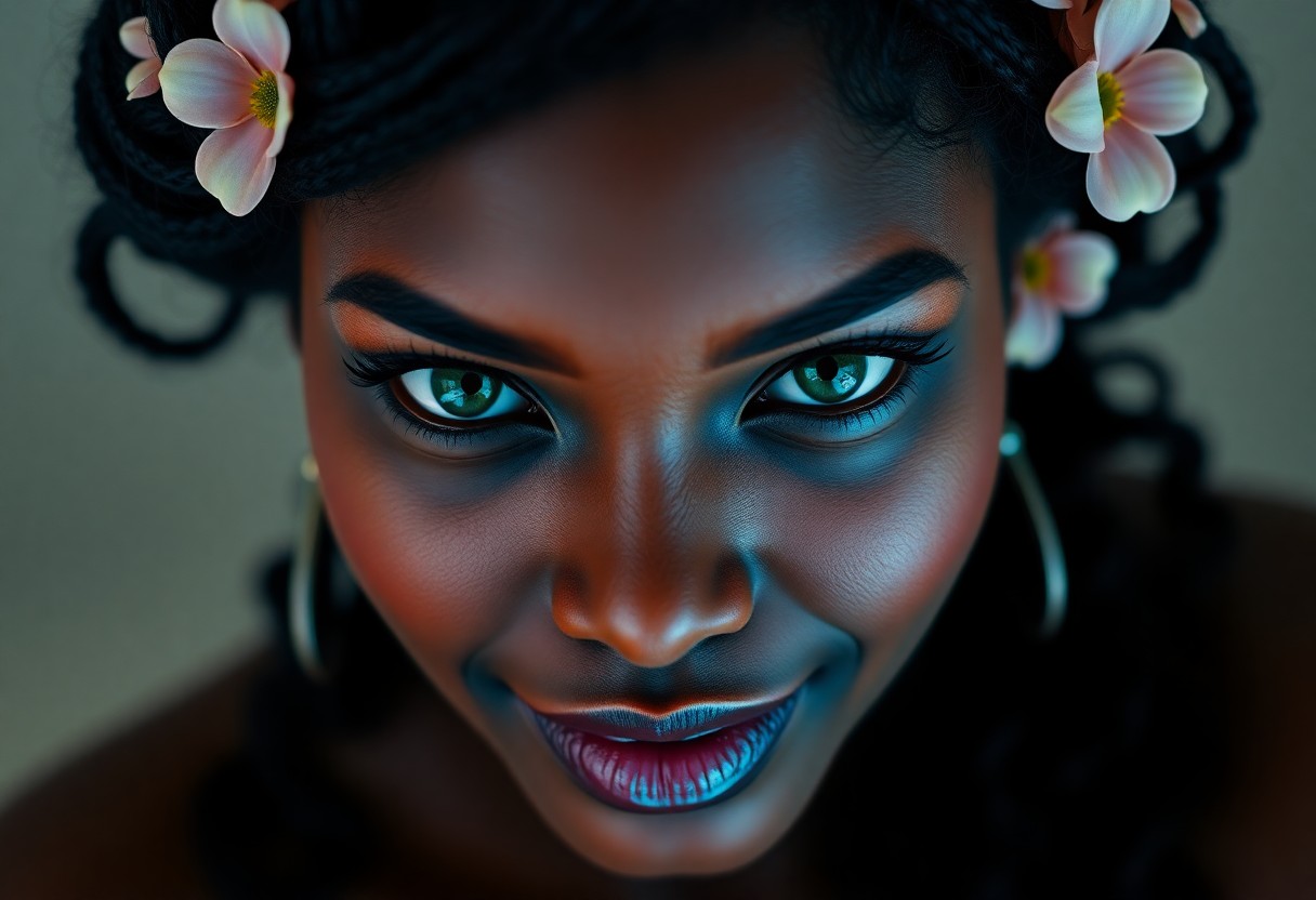 AI generated art for prompt: A superrealistic portrait captures the enigmatic gaze of a Caribbean woman. Her striking emerald eye