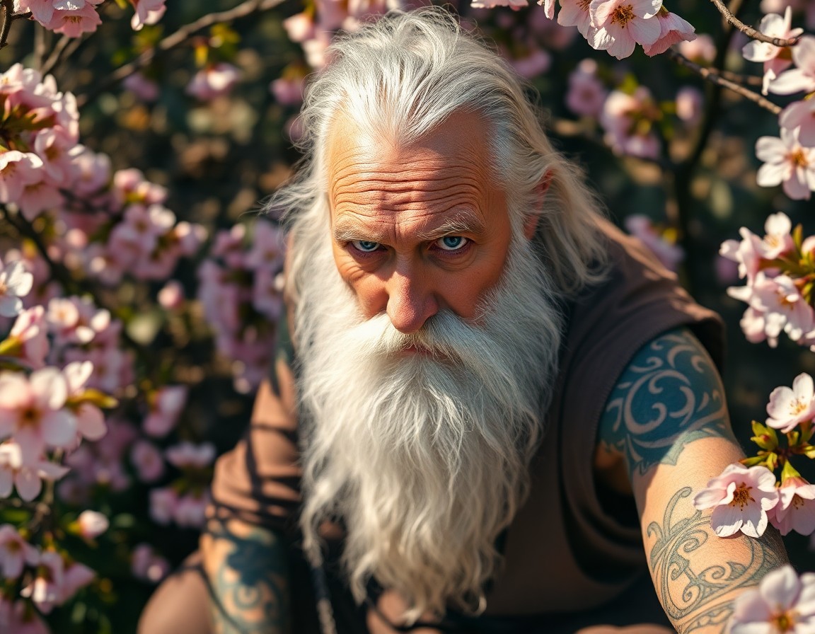 AI generated art for prompt: A photorealistic portrait of an enigmatic old sage with serene blue eyes and a flowing white beard. 