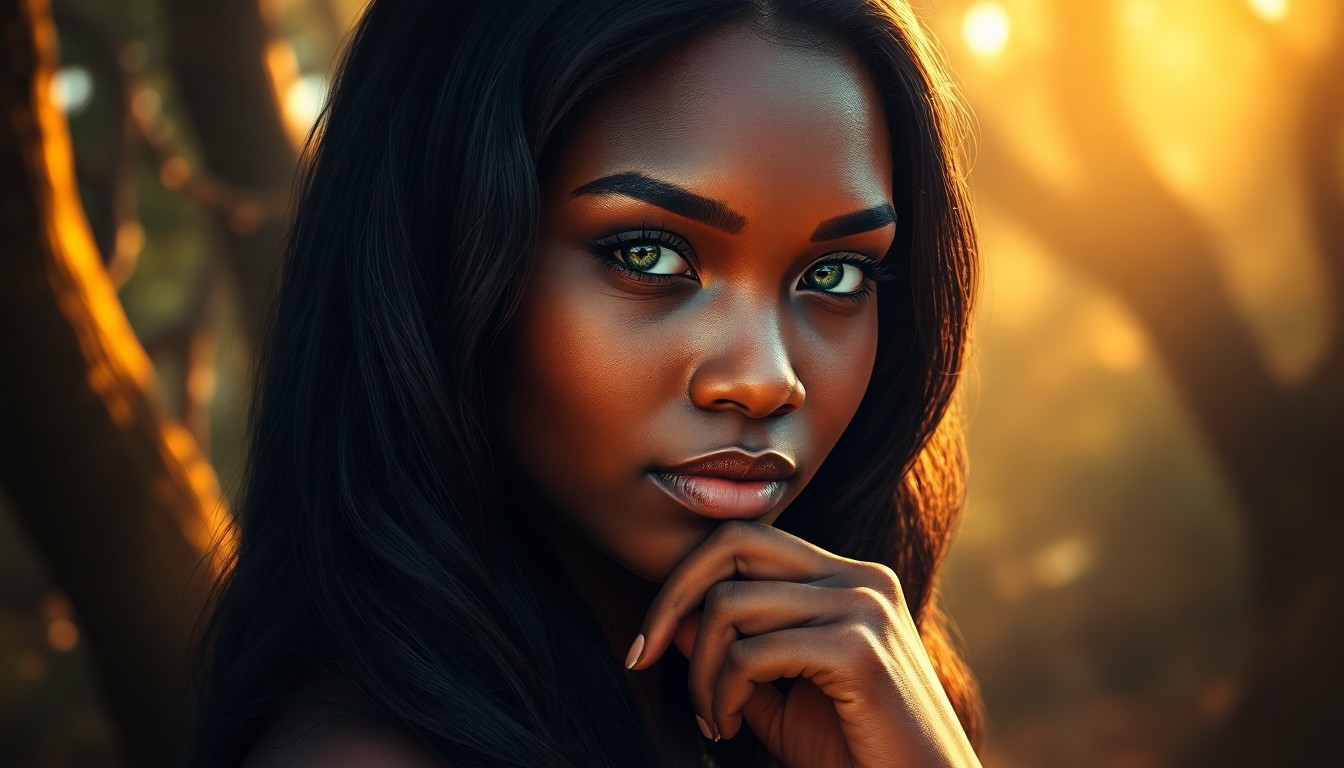 AI generated art for prompt: Envision a captivating digital art portrait of a mysterious Sub-Saharan African woman with shy, gree