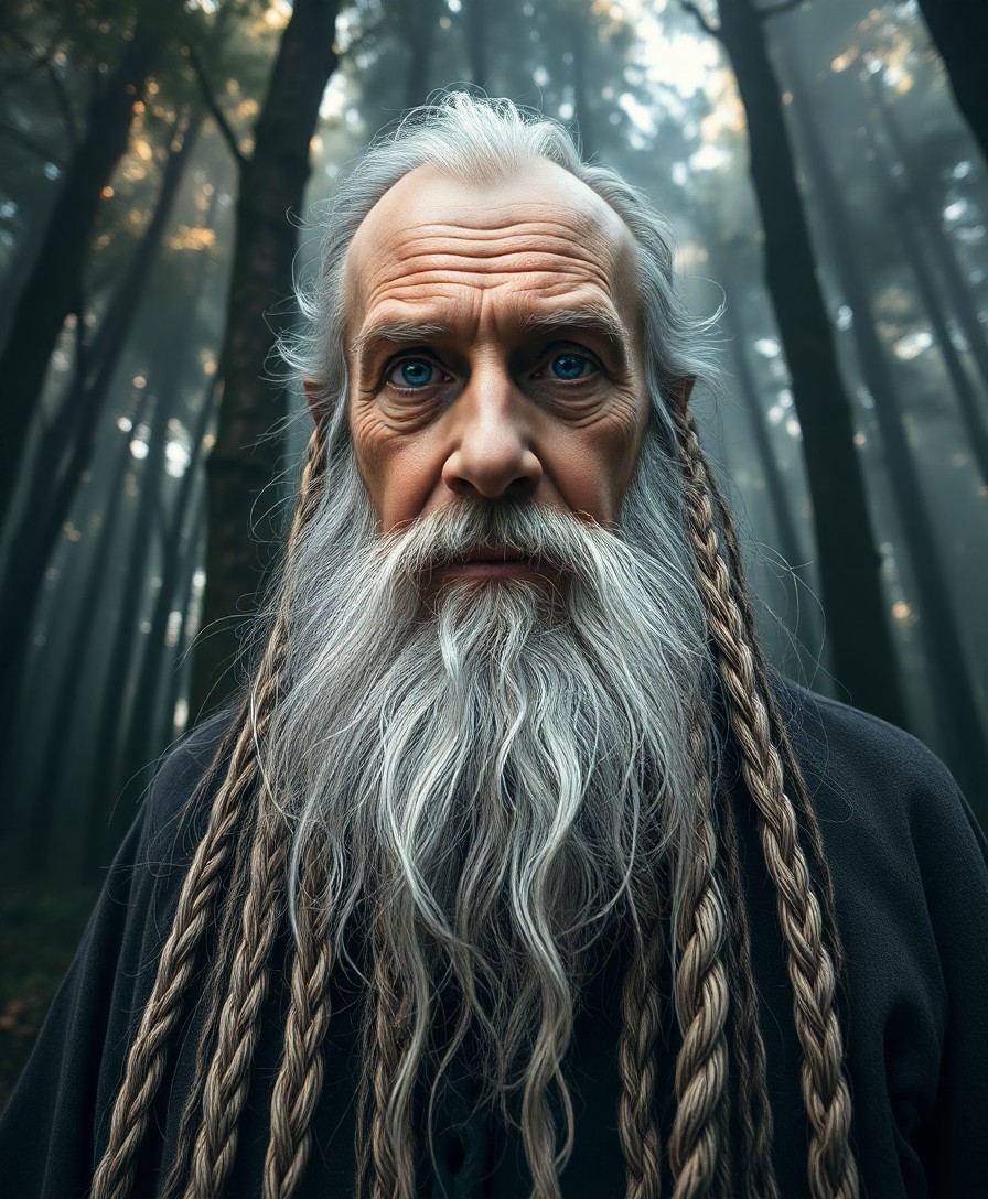 AI generated art for prompt: Create an intricately detailed portrait of an aged yet wise wizard with compassionate blue eyes and 