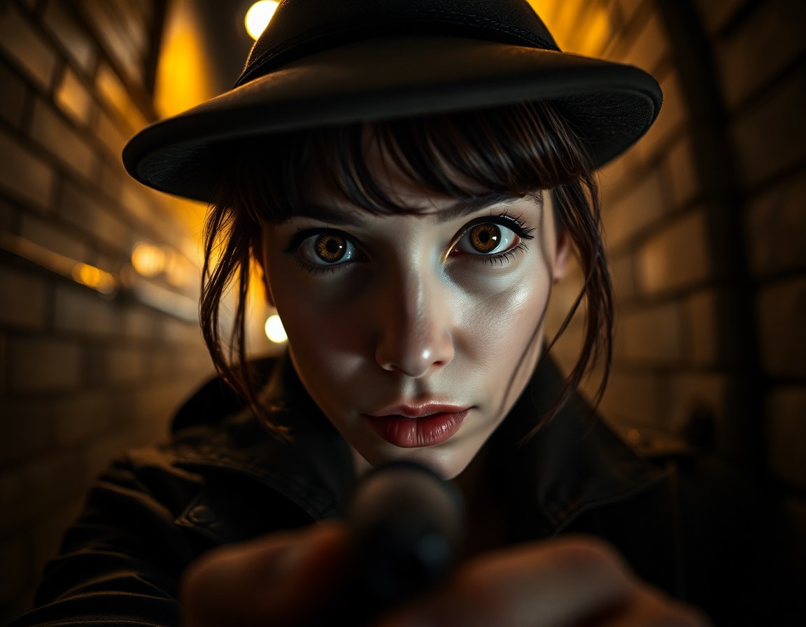 AI generated art for prompt: A highly detailed portrait photograph captures an enigmatic female detective from an unusual 'bug's-