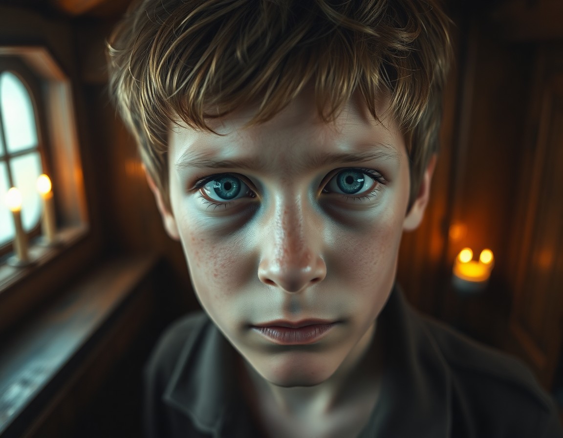 AI generated art for prompt: Create a hyperrealistic portrait of a vintage boy with sun-weathered skin and dreamy blue eyes, refl