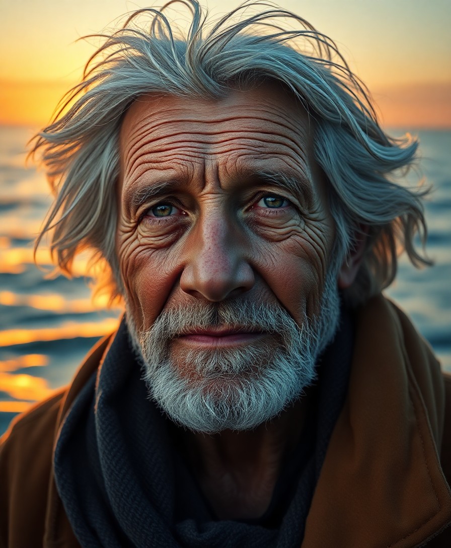 AI generated art for prompt: Create a photorealistic portrait of an elderly fisherman, his face weathered and rugged from years o