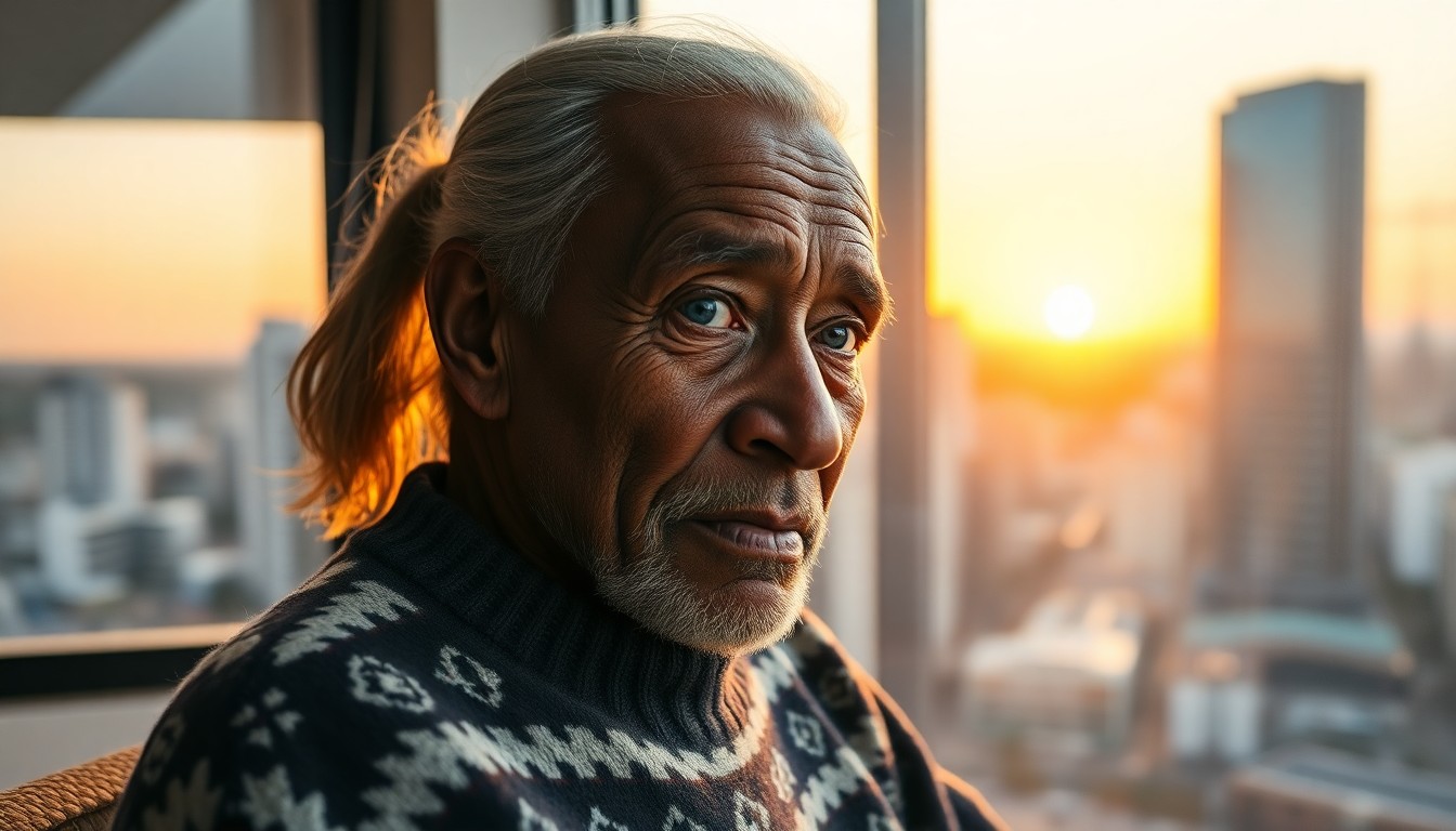 AI generated art for prompt: Create a captivating portrait of an elderly Melanesian man with a face bearing the marks of history 