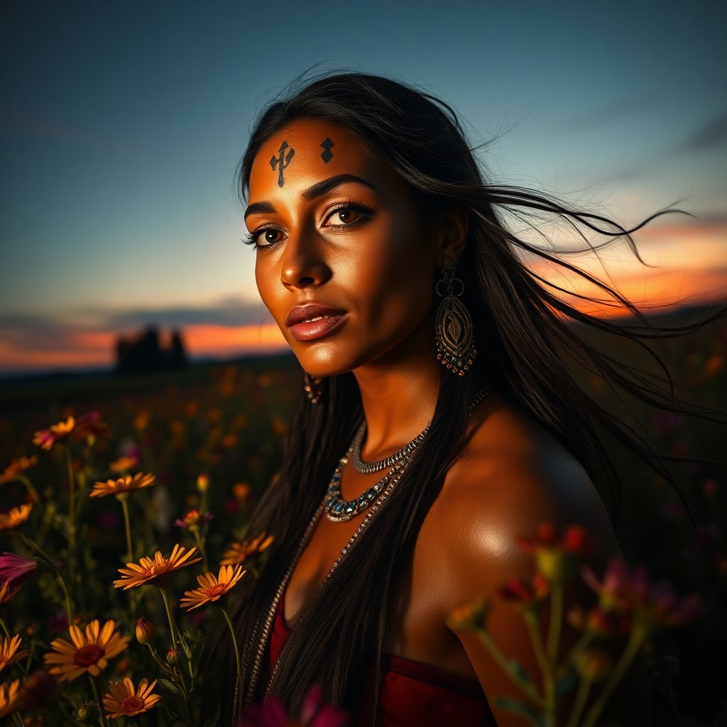 AI generated art for prompt: Create an image in the style of Renaissance chiaroscuro, capturing the ethereal beauty of a Native A