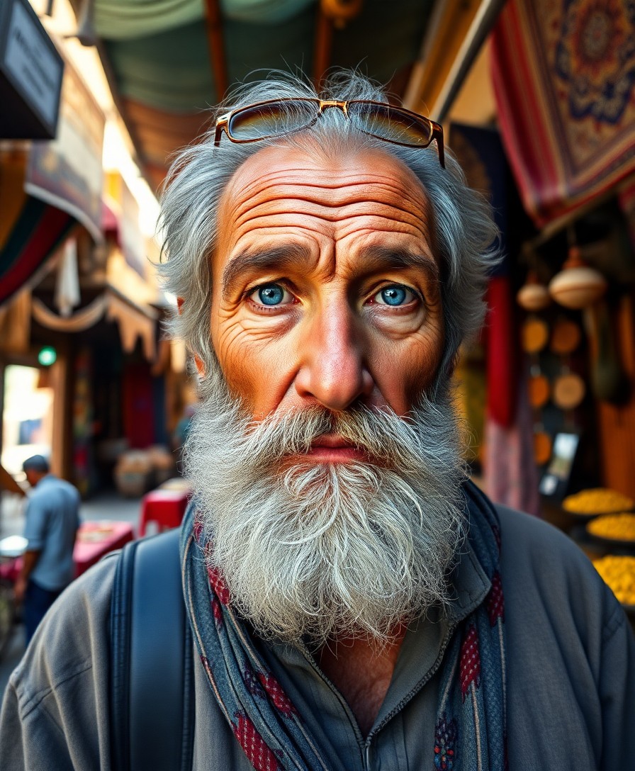 AI generated art for prompt: Create an ultrarealistic portrait of an elderly man with dreamy blue eyes and a graying beard. Captu