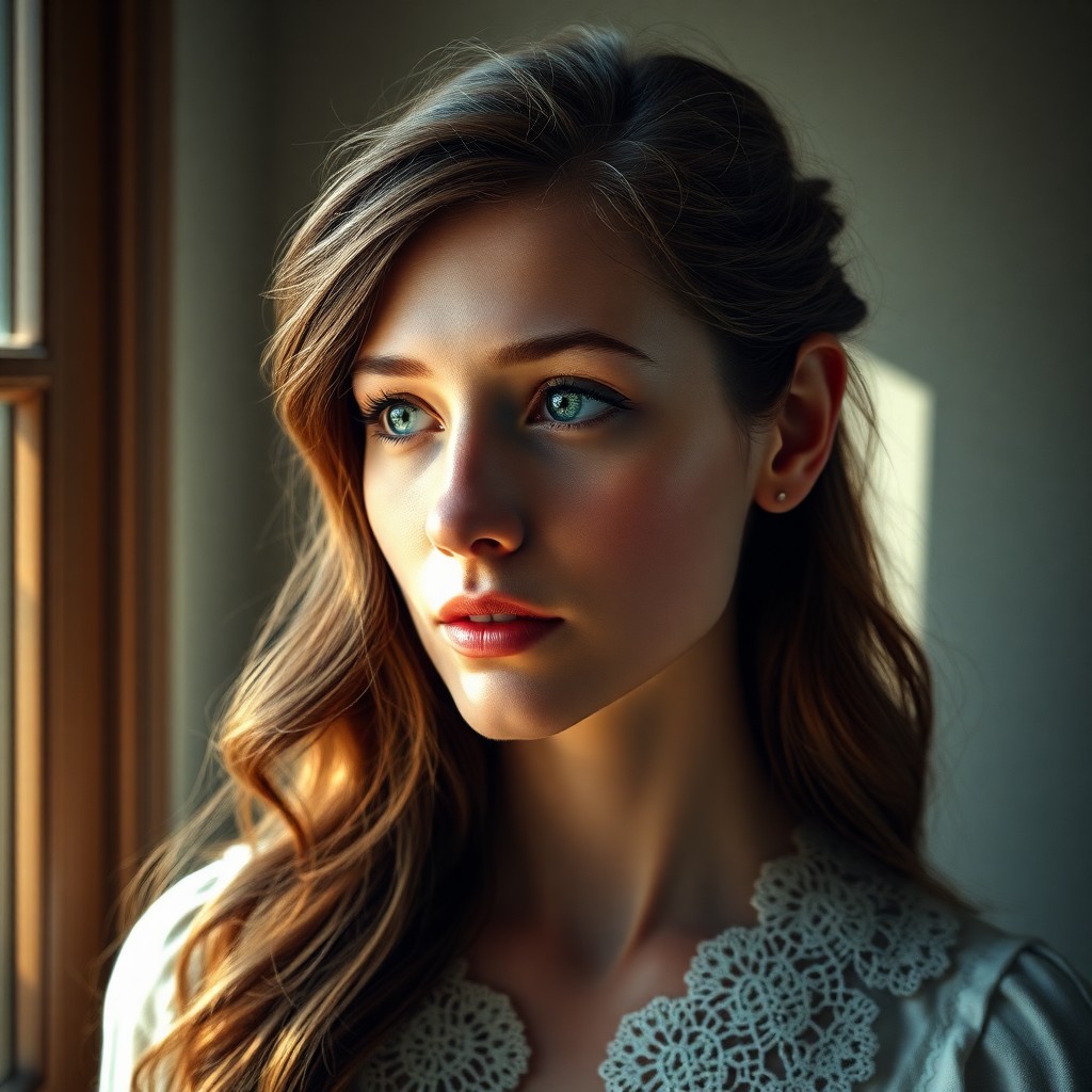 AI generated art for prompt: Visualize a photorealistic portrait of a 28-year-old Western European woman. She has delicate porcel